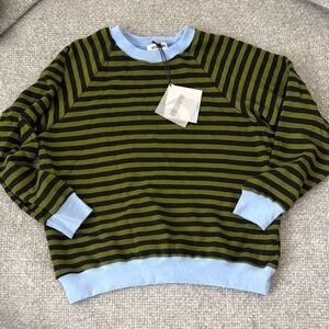 Daydreamer Green, Black Striped Crewneck Sweatshirt with blue accents